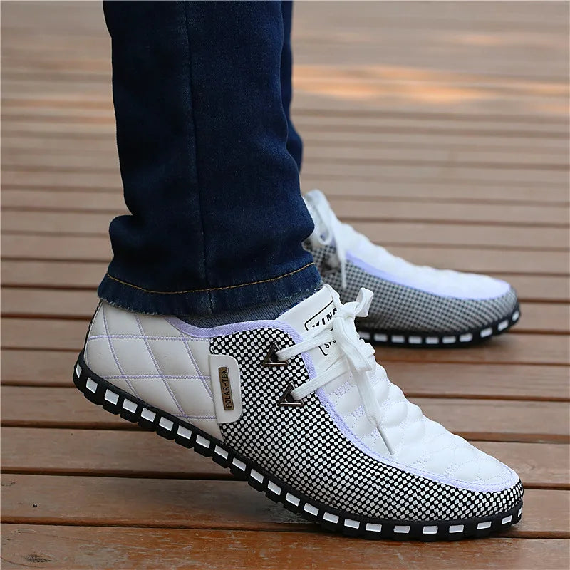 Men Leather Shoes Breathable Light Weight White Sneakers Loafers Pointed Toe