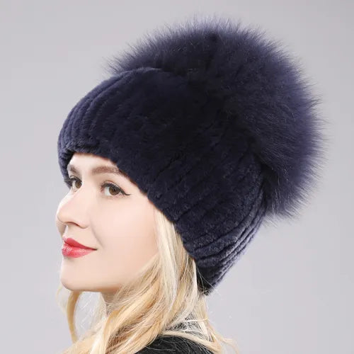 Russia New Style Women Real Genuine Fox Fur Beanies Hat Girls Natural Real Rex Rabbit Fur Skullies Cap Knit Winter Real Fur Hats