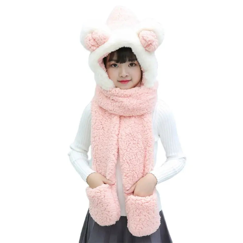 Kids 3 in 1 Warm Plush Winter Hat  Bear Ears Scarf Gloves Hoodie Cap