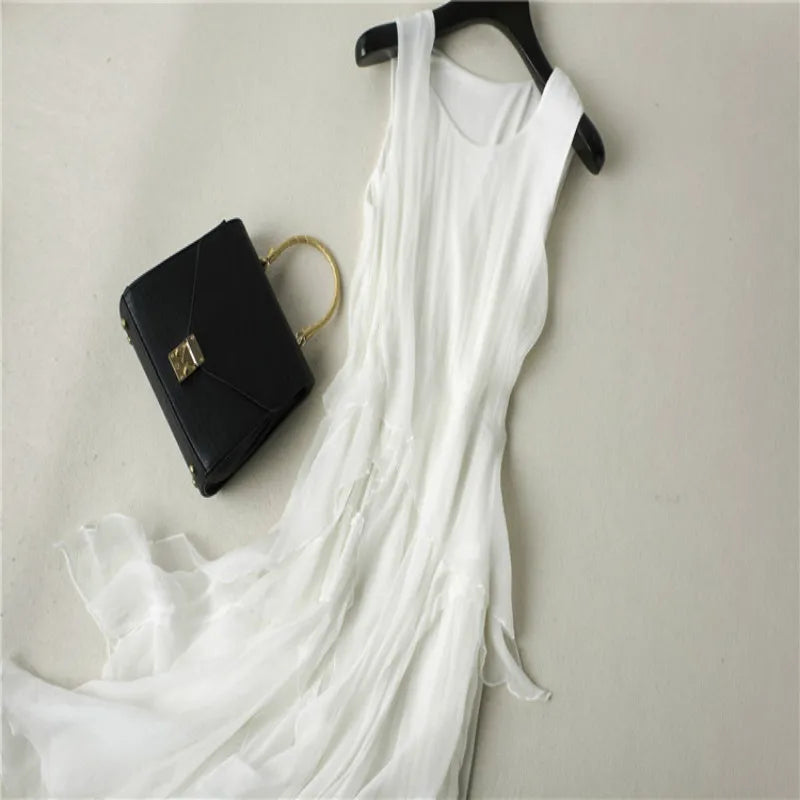 Trend Fashion Women Silk Dress 100%Silk A-Line Sleeveless White Women Christmas Party Dresses Holiday Beach Dress Clothing