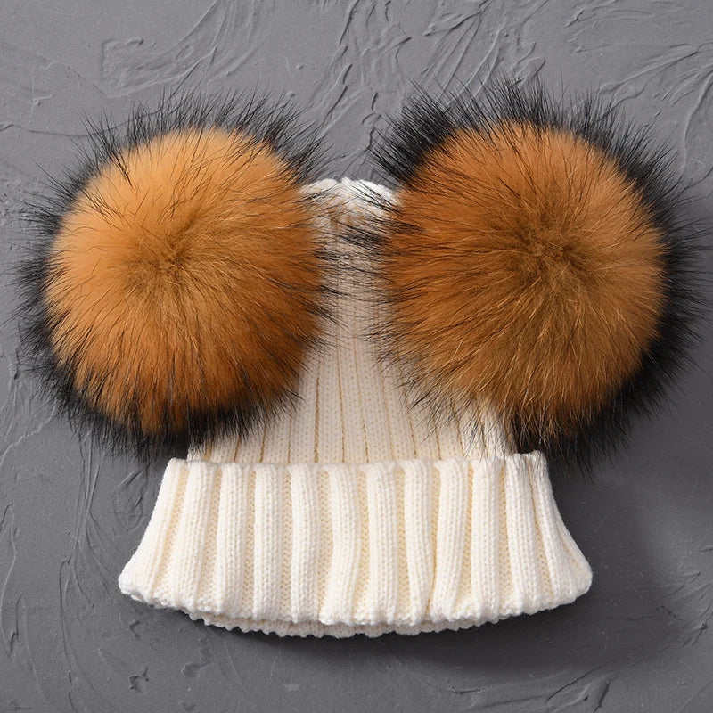 Winter Real Fur Ball Beanie Hat for Women Ladies Fluffy Double Natural Raccoon Fur Pom Pom Skullies Beanie Hat With 2 Fur Pompom