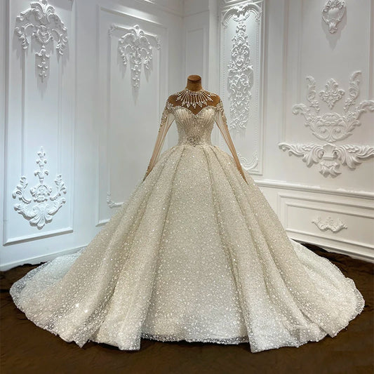 Luxury Crystal Beaded Shimmering Wedding Dress Embroidery Long Sleeve Princess