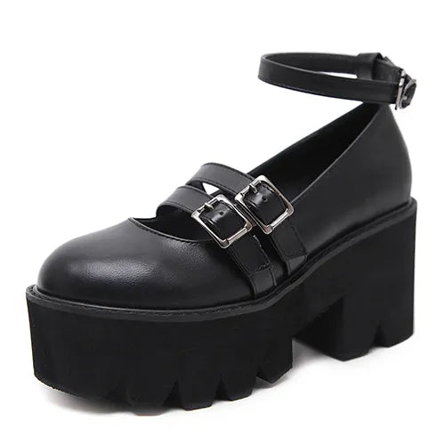 Womens Pump Shoes Ankle Strap High Chunky Heels Platform Shoes with Buckle