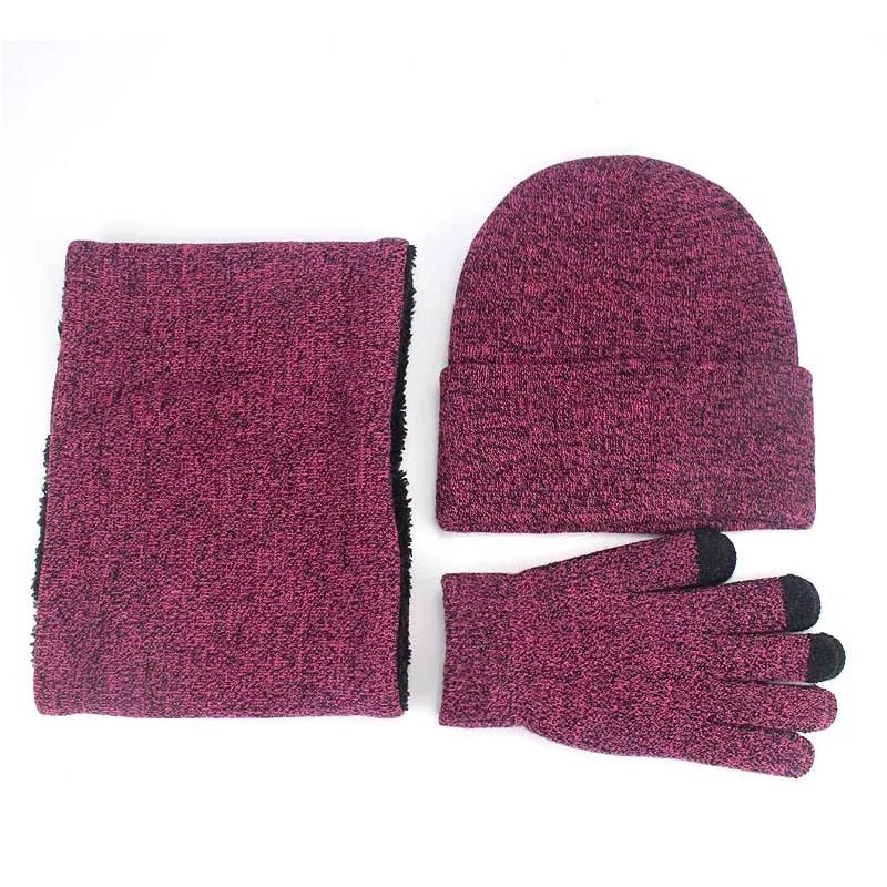 Unisex Beanies Hat Ring Scarf Gloves Set Winter Knitted Thick Warm Cap Women Men Solid Retro Beanie Hat Soft Touch Screen Gloves