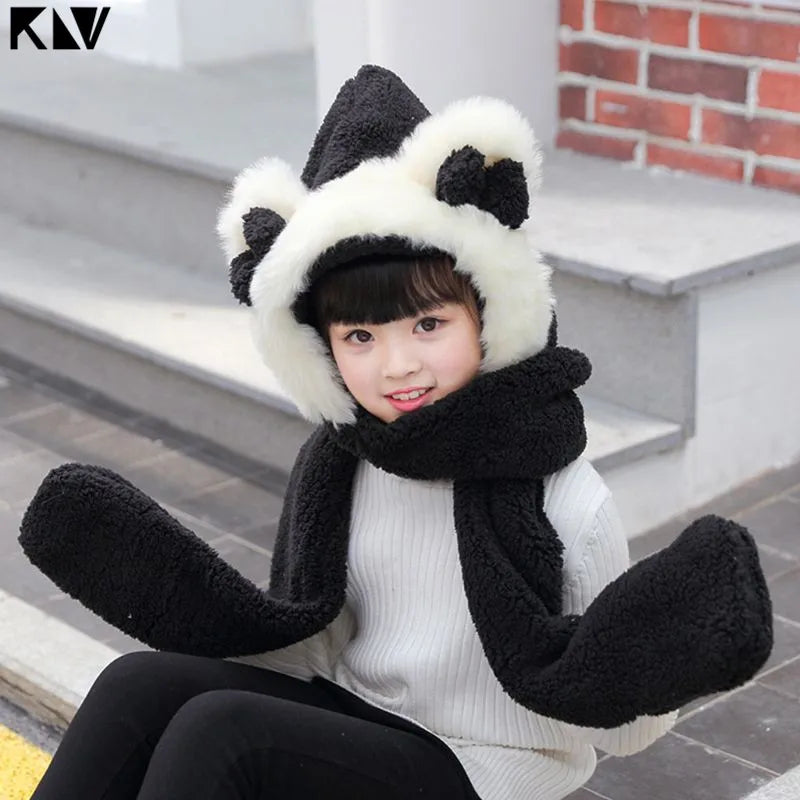 Kids 3 in 1 Warm Plush Winter Hat  Bear Ears Scarf Gloves Hoodie Cap