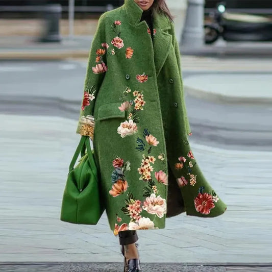 Elegant Lady Long Cardigan Coats Fashion Floral Print Pocket Long Sleeve