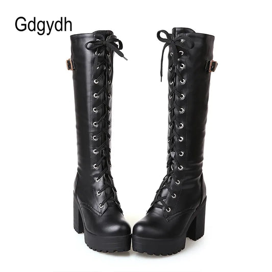 Spring Autumn Lacing Knee High Boots Women White Square Hen Leather Large Size