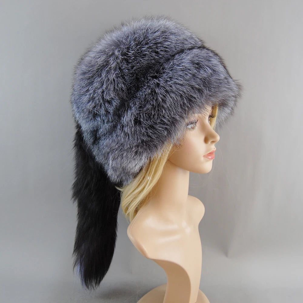 2024 Unisex Real Fox Fur Beanies Hat Mongolian Hat Unique Process Fox Tail Design Luxury Winter Warm Hats for Fashion Bomber Hat