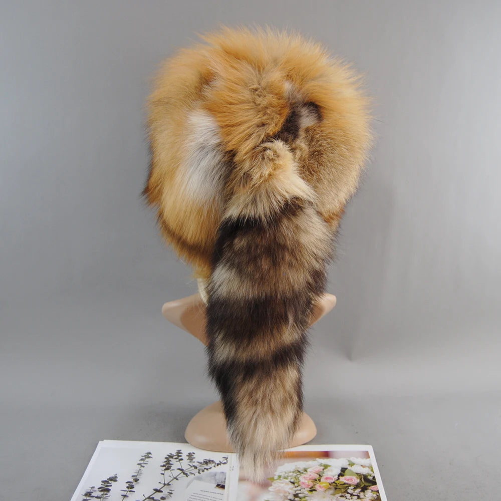 2024 Unisex Real Fox Fur Beanies Hat Mongolian Hat Unique Process Fox Tail Design Luxury Winter Warm Hats for Fashion Bomber Hat