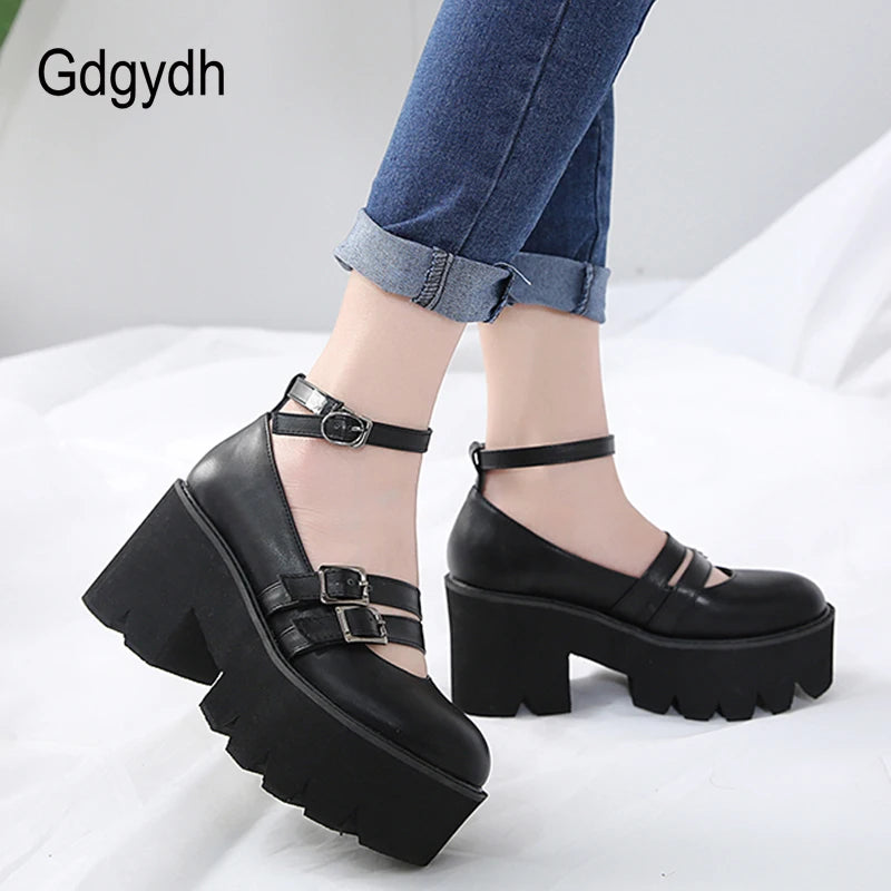 Womens Pump Shoes Ankle Strap High Chunky Heels Platform Shoes with Buckle