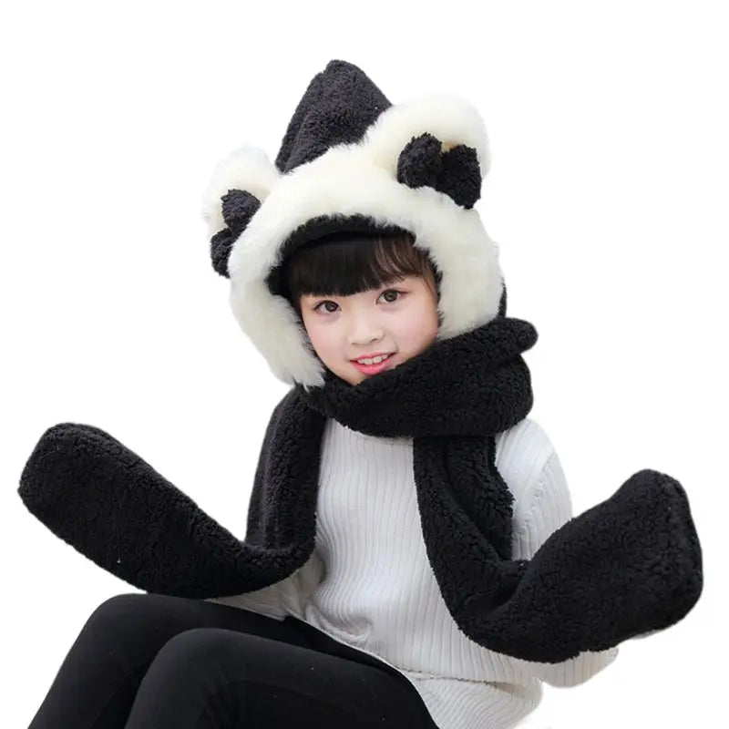 Kids 3 in 1 Warm Plush Winter Hat  Bear Ears Scarf Gloves Hoodie Cap