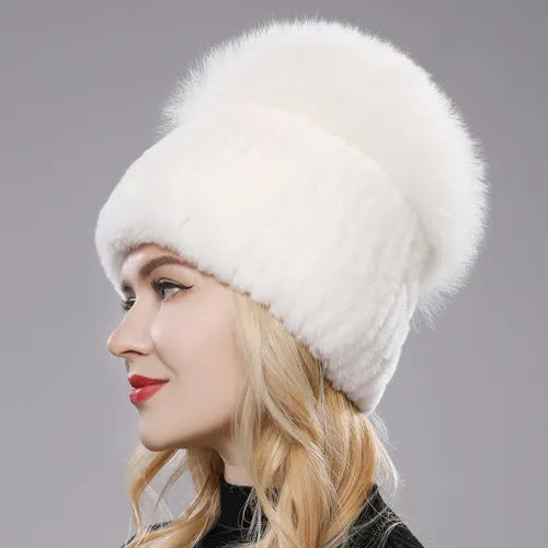 Russia New Style Women Real Genuine Fox Fur Beanies Hat Girls Natural Real Rex Rabbit Fur Skullies Cap Knit Winter Real Fur Hats