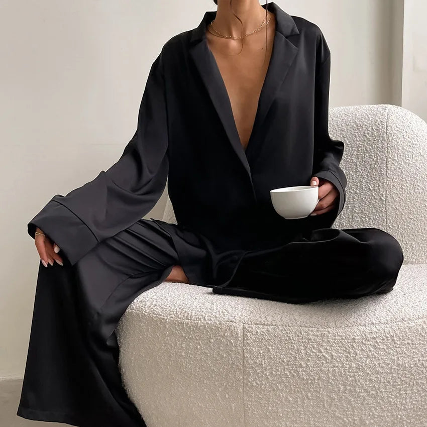 Women Silk Sleepwear Long Loungewear 2 Pieces Pajama Set