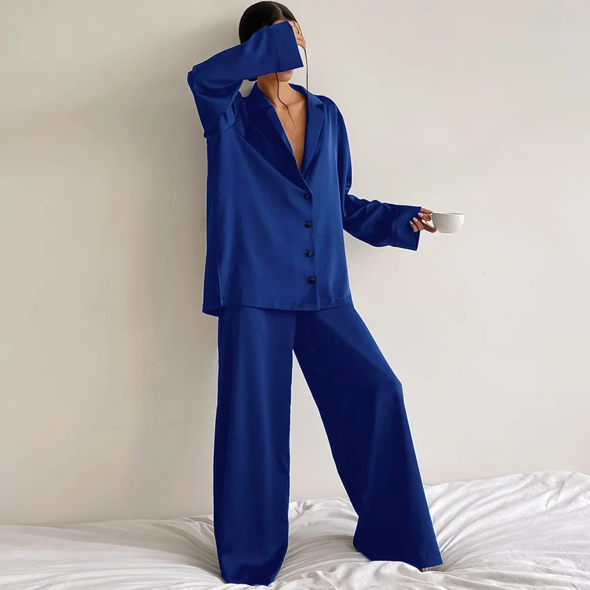 Women Silk Sleepwear Long Loungewear 2 Pieces Pajama Set