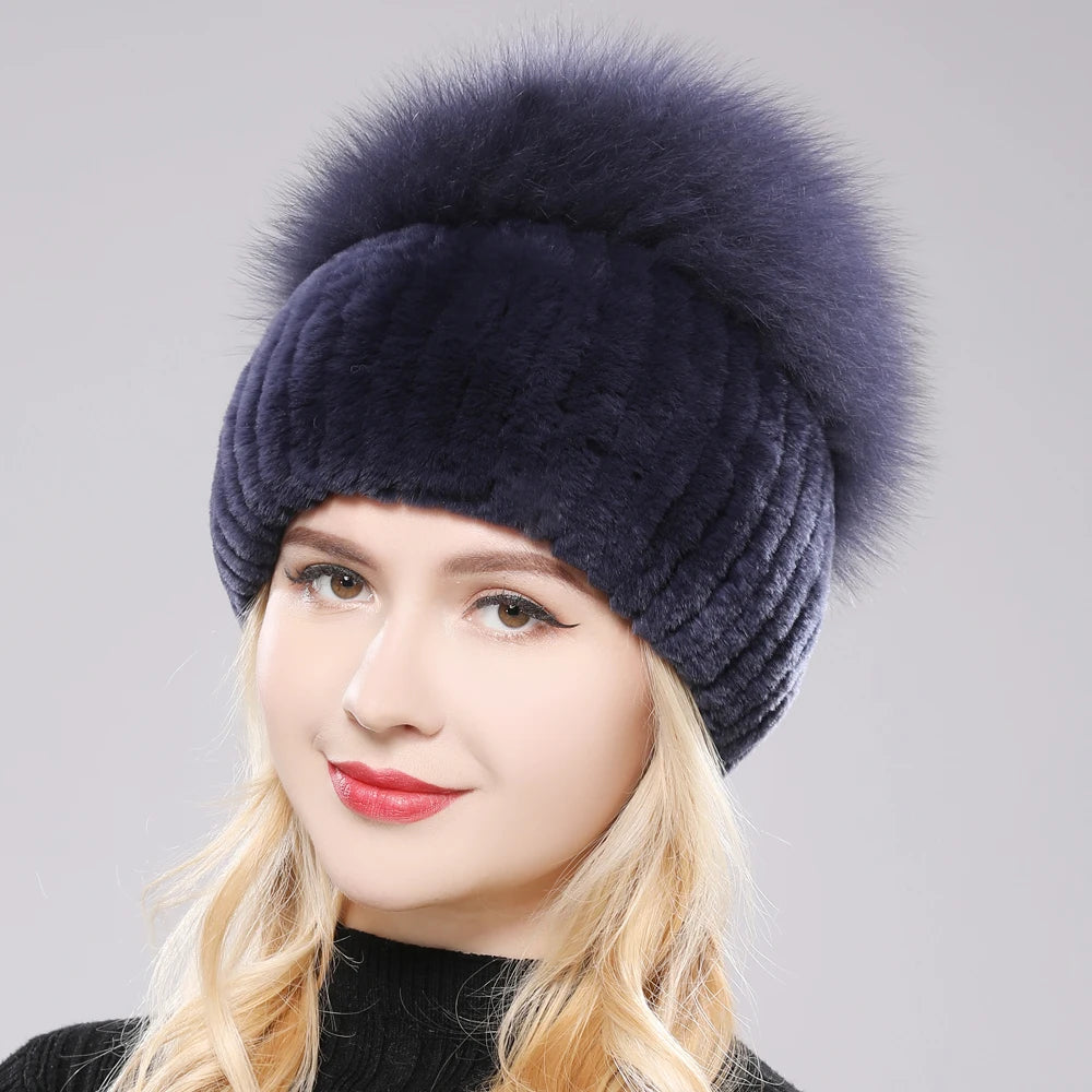 Russia New Style Women Real Genuine Fox Fur Beanies Hat Girls Natural Real Rex Rabbit Fur Skullies Cap Knit Winter Real Fur Hats