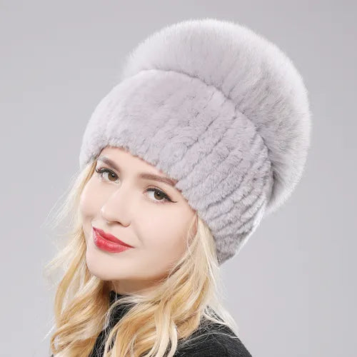 Russia New Style Women Real Genuine Fox Fur Beanies Hat Girls Natural Real Rex Rabbit Fur Skullies Cap Knit Winter Real Fur Hats