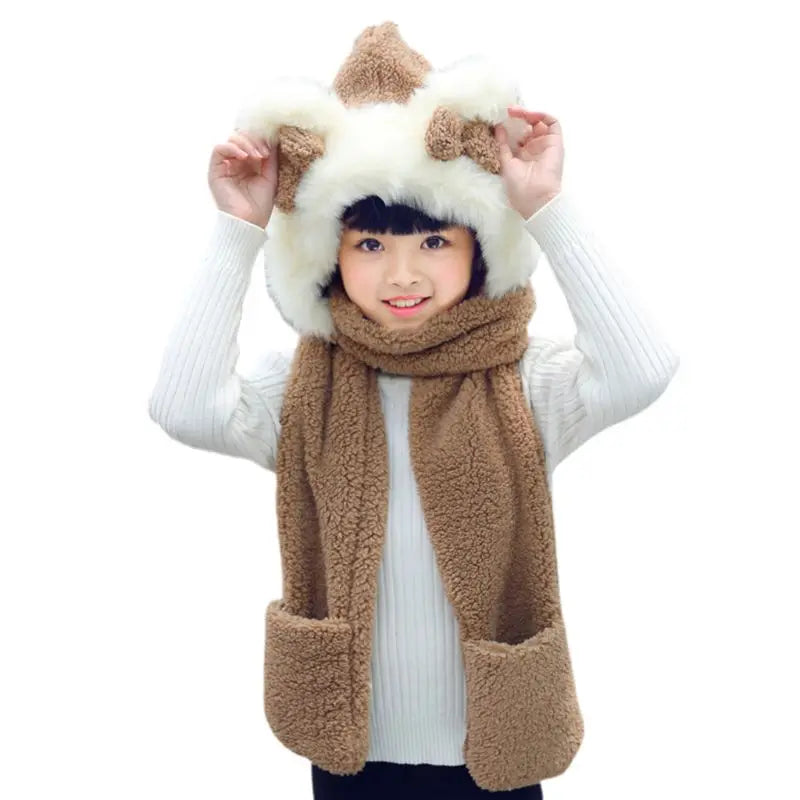 Kids 3 in 1 Warm Plush Winter Hat  Bear Ears Scarf Gloves Hoodie Cap