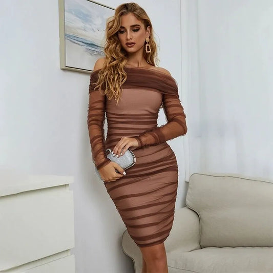 High Quality Brown Mesh Sleeve Off the Shoulder Rayon Bandage Dress Elegant Club Party Dress