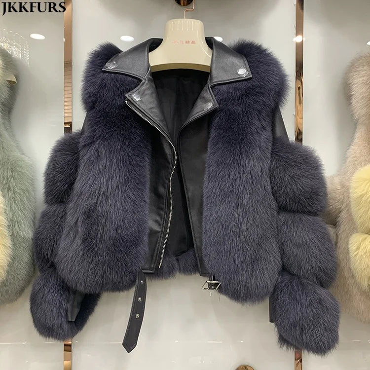 Genuine Sheepskin Leather Fur Jacket Real Fox Fur Coat for Women Ladies