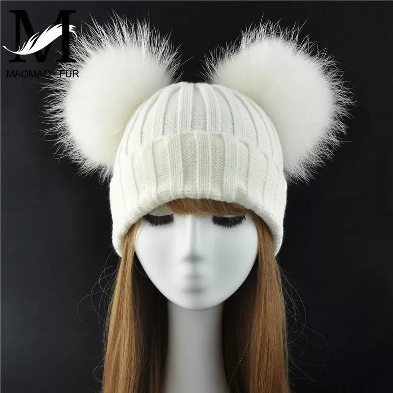 Winter Real Fur Ball Beanie Hat for Women Ladies Fluffy Double Natural Raccoon Fur Pom Pom Skullies Beanie Hat With 2 Fur Pompom