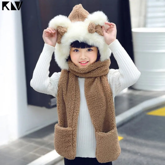 Kids 3 in 1 Warm Plush Winter Hat  Bear Ears Scarf Gloves Hoodie Cap