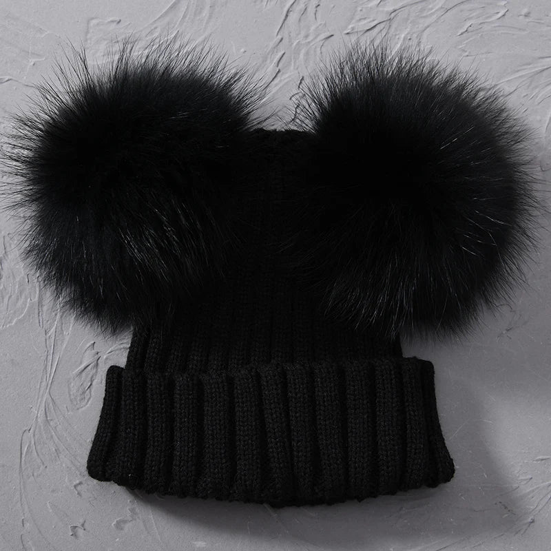 Winter Real Fur Ball Beanie Hat for Women Ladies Fluffy Double Natural Raccoon Fur Pom Pom Skullies Beanie Hat With 2 Fur Pompom