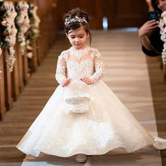 Princess Lace Flower Girl Dresses Floor Length Ball Gowns for Girl