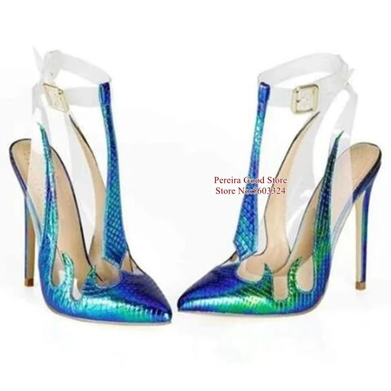 Sexy Flame Design Fluorescent Blue High Heel Sandals Hollow Clear PVC Buckle Strap Gladiator Dress Shoes Drop Ship