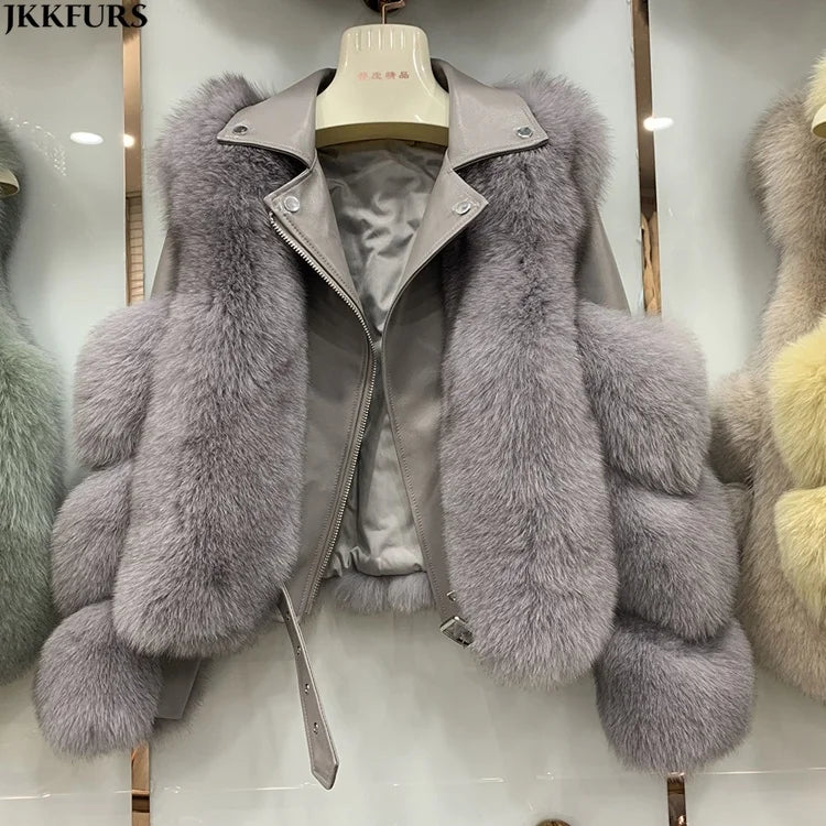 Genuine Sheepskin Leather Fur Jacket Real Fox Fur Coat for Women Ladies