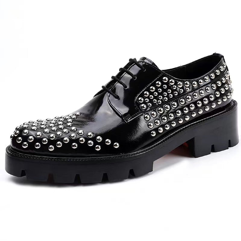 PDEP Luxury Rivet Red Bottom Genuine Leather Men Dress Shoes Lace Up Chunky Height Increasing Men Designer Shoes