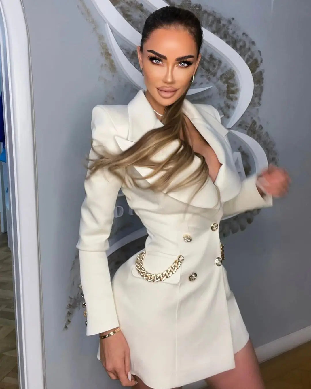 White Formal Jacket Luxury Fashion Long Sleeve Blazer Dress Elegant