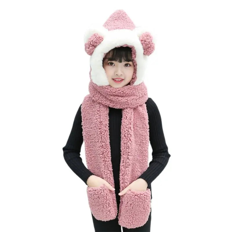 Kids 3 in 1 Warm Plush Winter Hat  Bear Ears Scarf Gloves Hoodie Cap