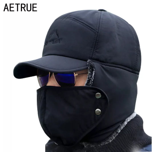 Men Bomber Hats Thick Cotton Fur Earflap Mask Male Winter Bomber Hat