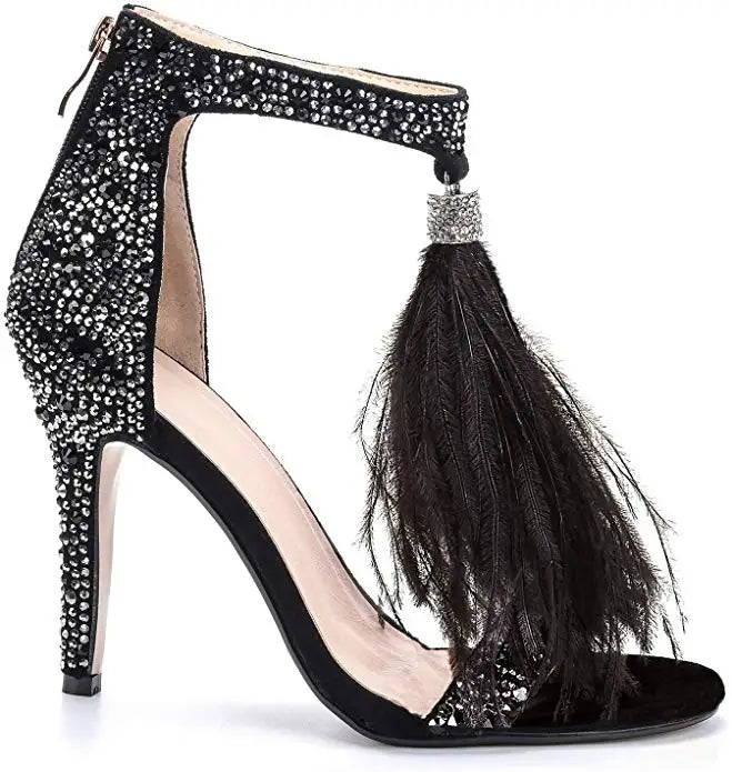 Women Sandals Stiletto Sandalia Feminina High Heels Sandals Rhinestone Feather Wedding Party Evening Dress Shoes Tassel