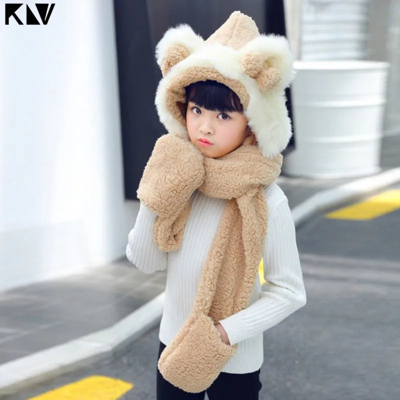 Kids 3 in 1 Warm Plush Winter Hat  Bear Ears Scarf Gloves Hoodie Cap