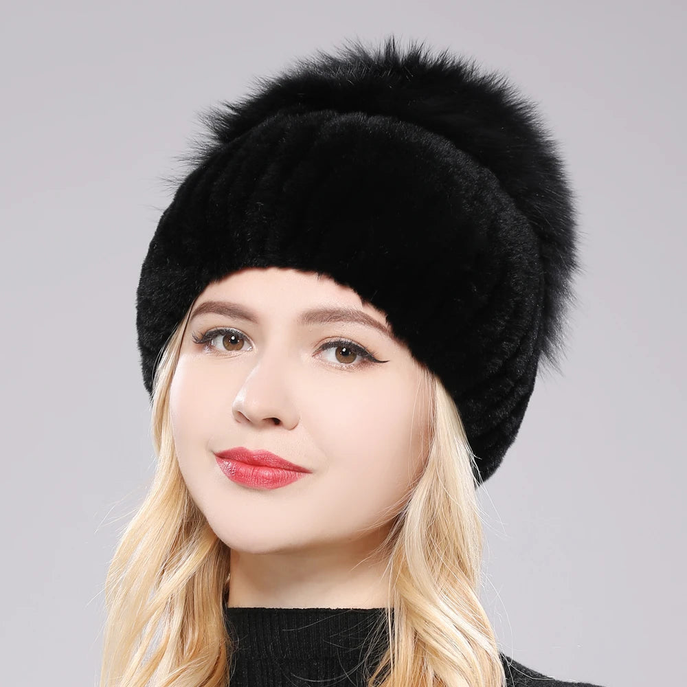 Russia New Style Women Real Genuine Fox Fur Beanies Hat Girls Natural Real Rex Rabbit Fur Skullies Cap Knit Winter Real Fur Hats