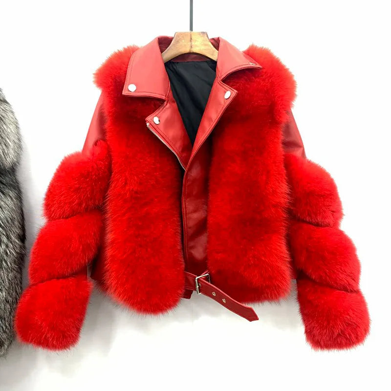 Genuine Sheepskin Leather Fur Jacket Real Fox Fur Coat for Women Ladies