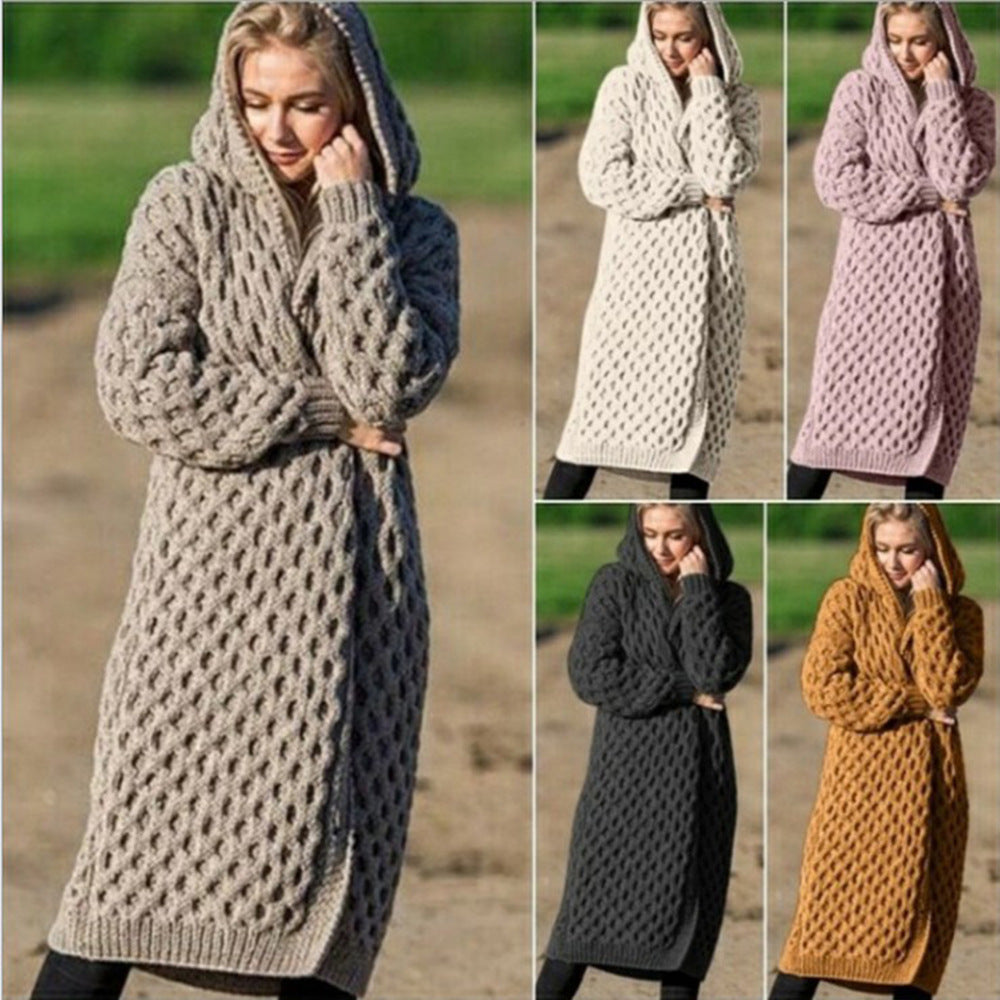 Plain Knitted Cardigan Sweater With Hoodie Long Oversize Sweater Coat Women