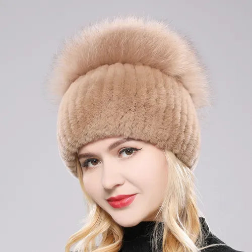 Russia New Style Women Real Genuine Fox Fur Beanies Hat Girls Natural Real Rex Rabbit Fur Skullies Cap Knit Winter Real Fur Hats