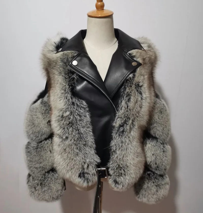 Genuine Sheepskin Leather Fur Jacket Real Fox Fur Coat for Women Ladies