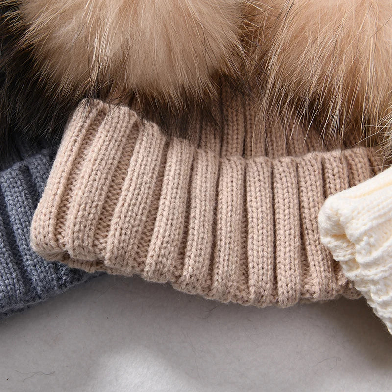 Winter Real Fur Ball Beanie Hat for Women Ladies Fluffy Double Natural Raccoon Fur Pom Pom Skullies Beanie Hat With 2 Fur Pompom